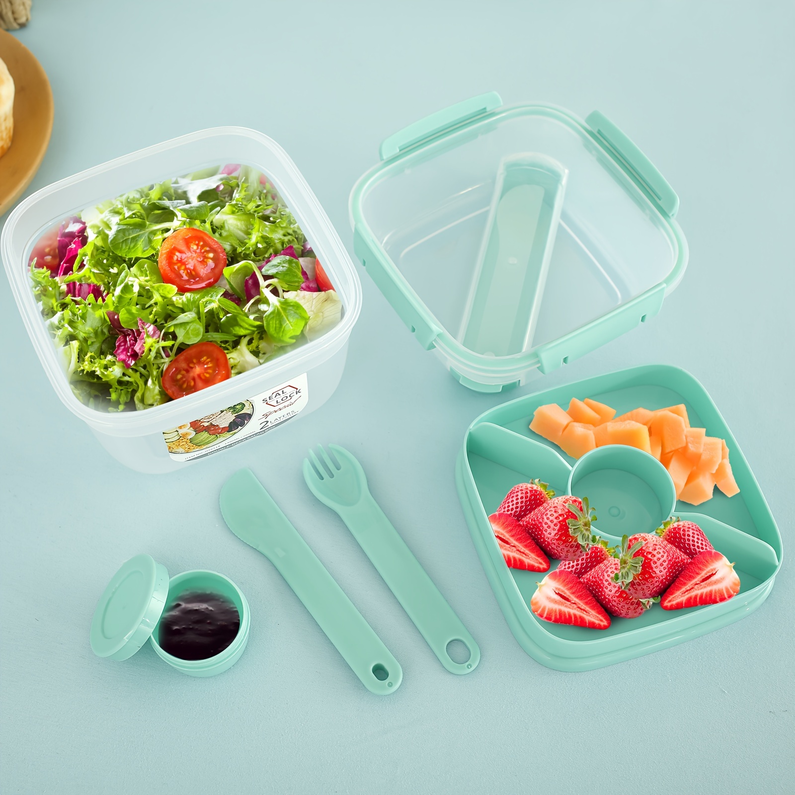 1pc Salad Container With Utensils And Dressing Box, Multi-layered