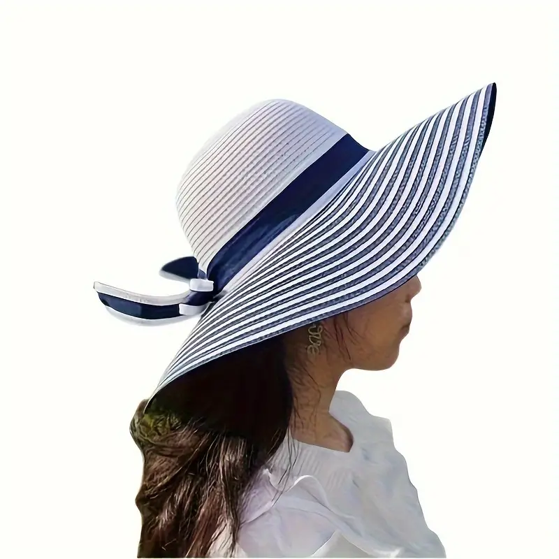 Classic Striped Bowknot Straw Hat Blue & White Wide Brim Hats Elegant Foldable Floppy Sun Hats Outdoor UV Protection Beach Hats For Women