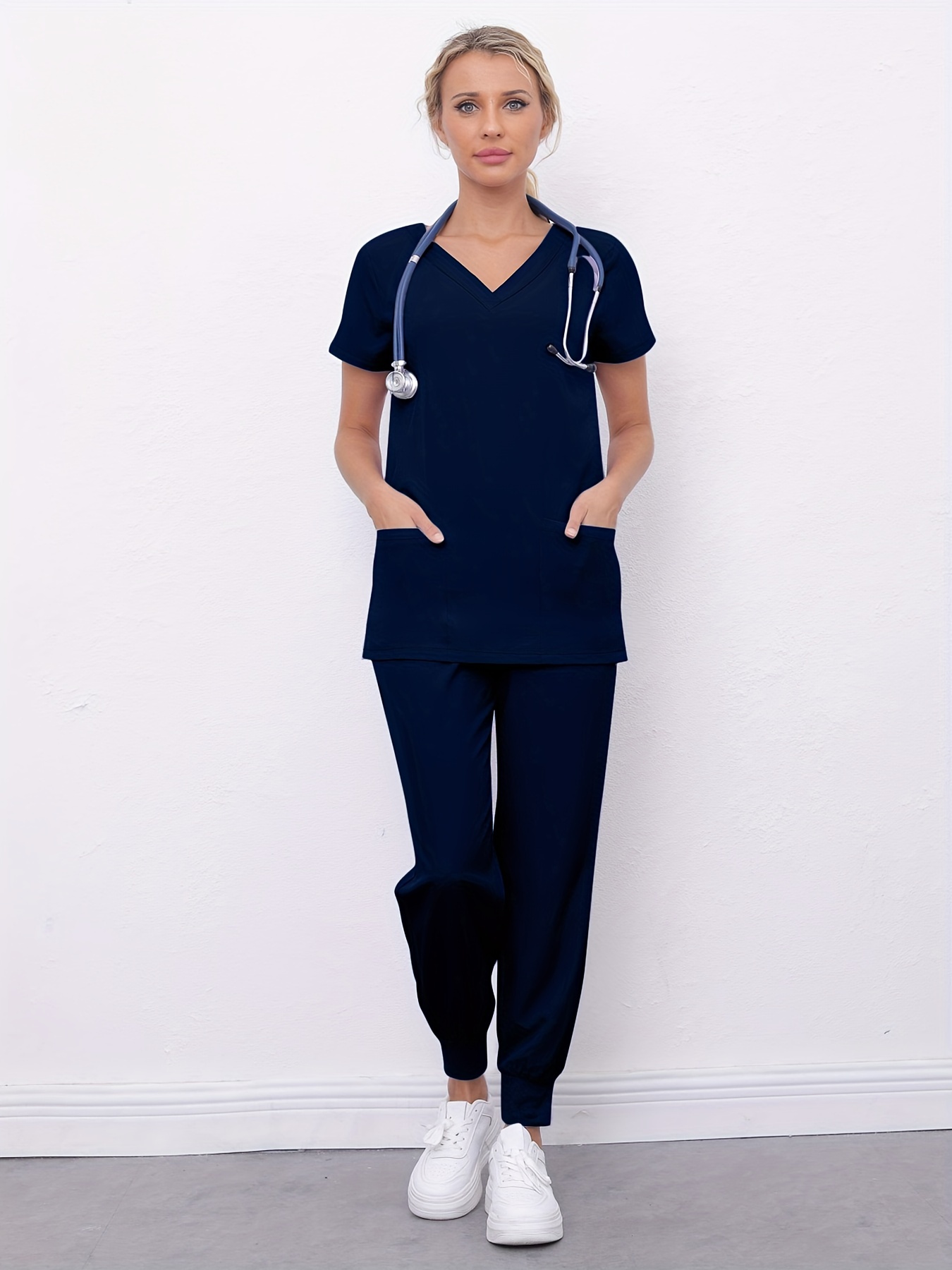 Pocket Nurse Uniform T-Shirt Pant Coverall Workwear Suit V-neck Scrub Suit  Women