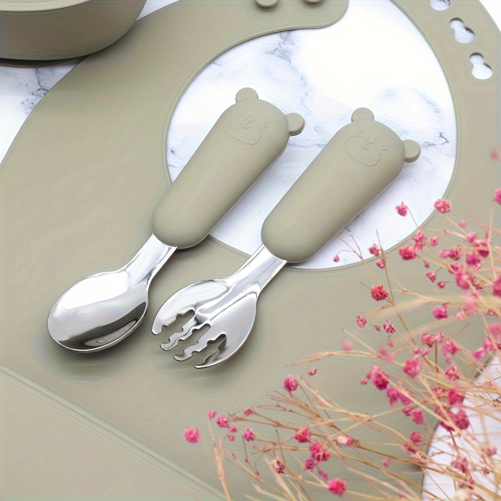 adorable bear shaped silicone stainless steel spoon and fork set for feeding red blue details 0