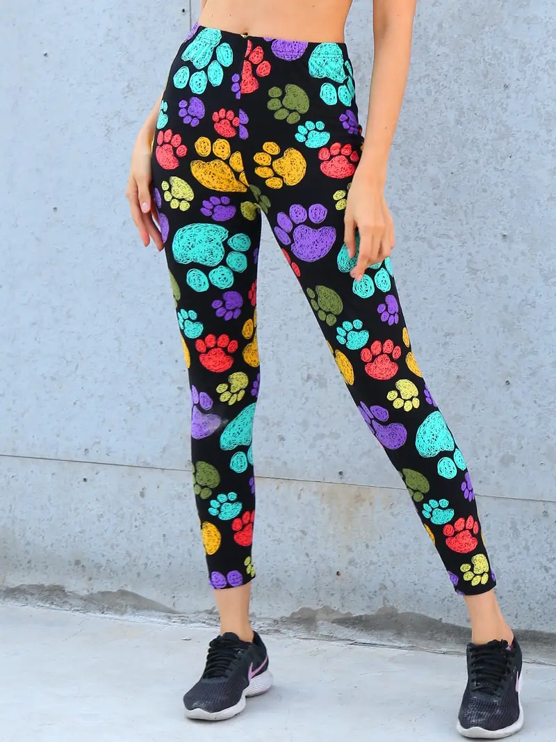 Colorful Paw Print Skinny Yoga Pants, Sports Fitness Yoga Running Leggings, Clothing - Temu