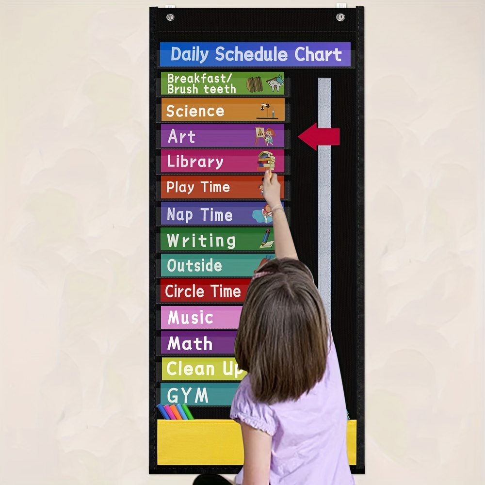 

Daily Schedule Classroom Calendar-morning And Afternoon Class Schedule 31 Pattern Cards And 10 Blank Cards-2 Red Arrows With Long Stickers-13 Pocket + 1 Storage Pocket 18"x51" Yellow