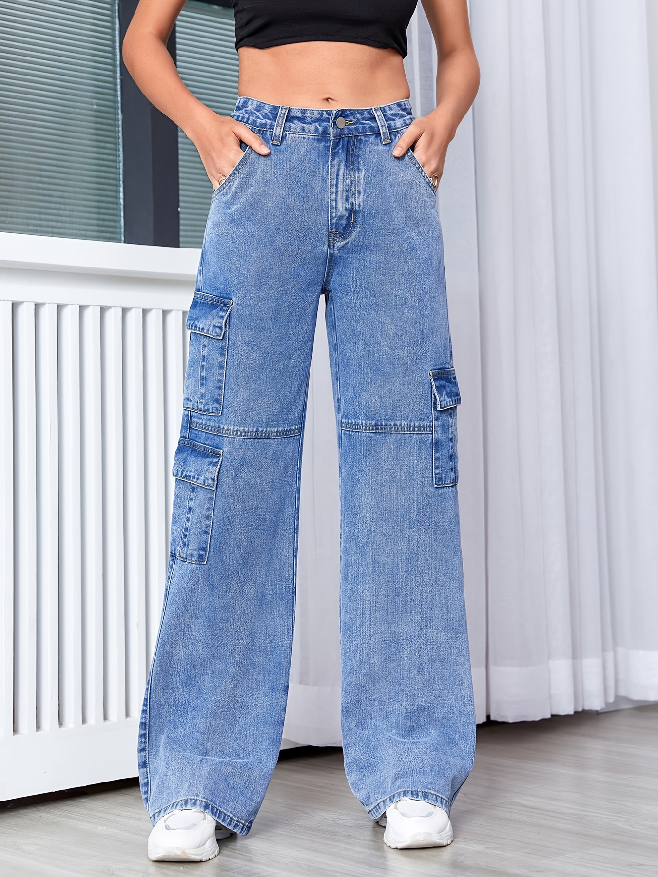High Waist Flap Pocket Wide Leg Jeans