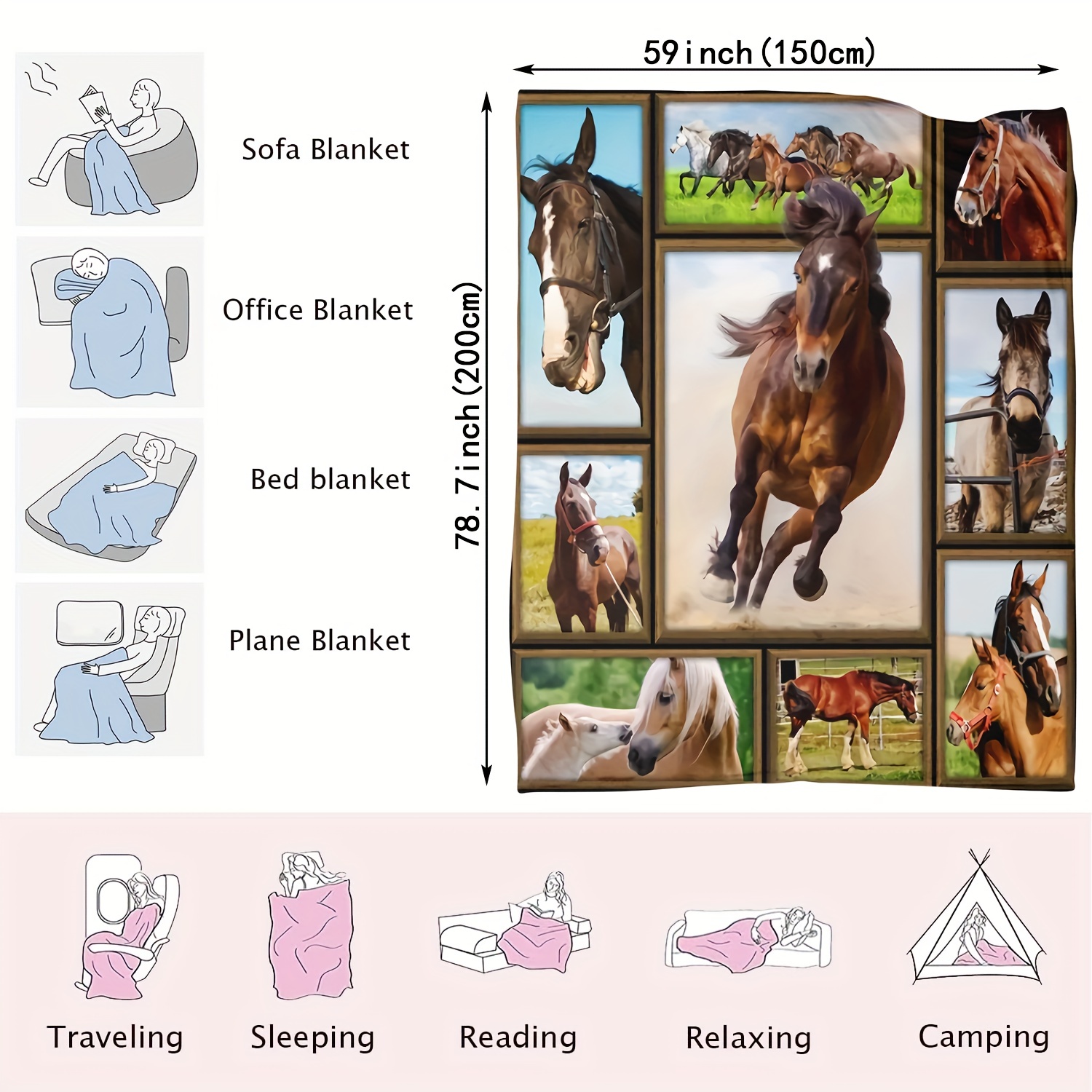 Digital Printed Horse Pattern Flannel Blanket Soft Cozy Warm Temu