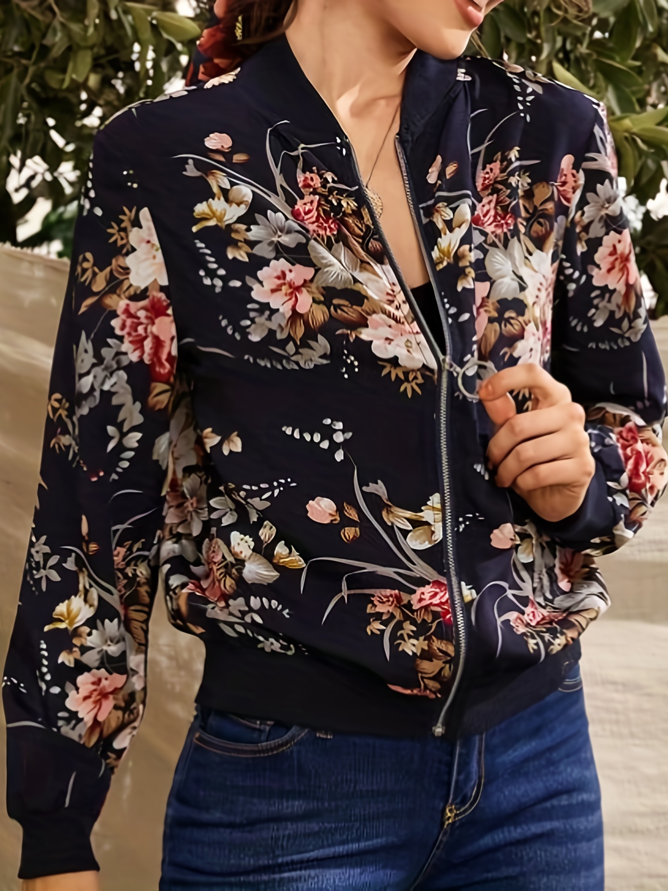 Navy floral shop bomber jacket