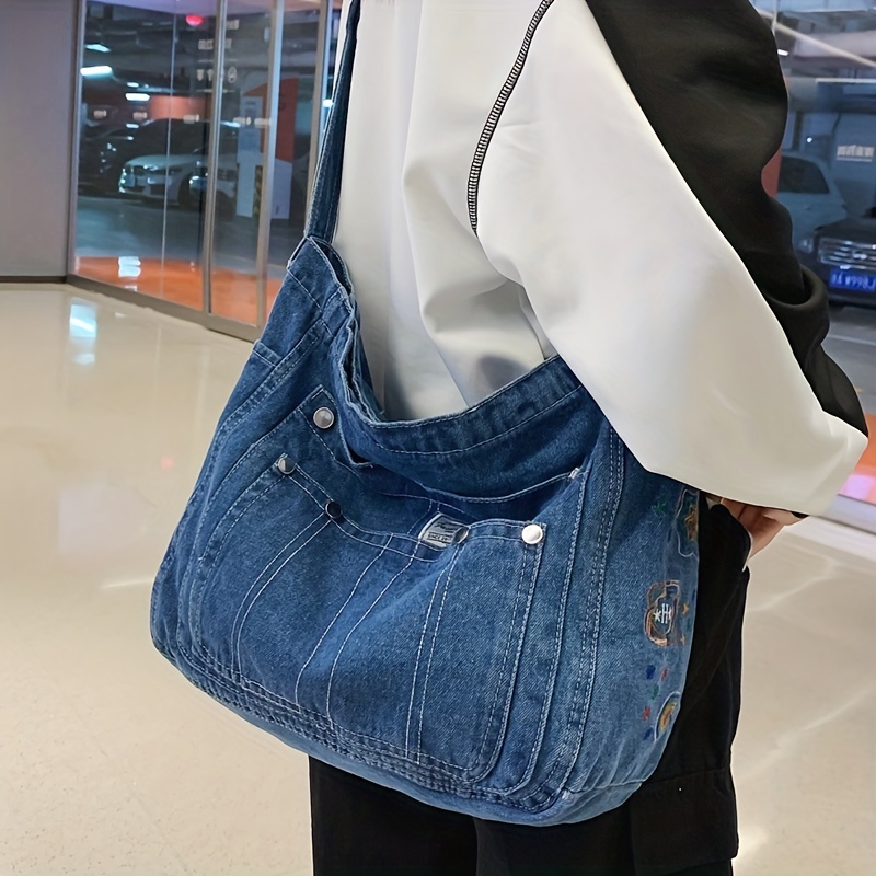 Women's Stylish Denim Shoulder Bag, Trendy Hobo Bag, Y2k Zipper
