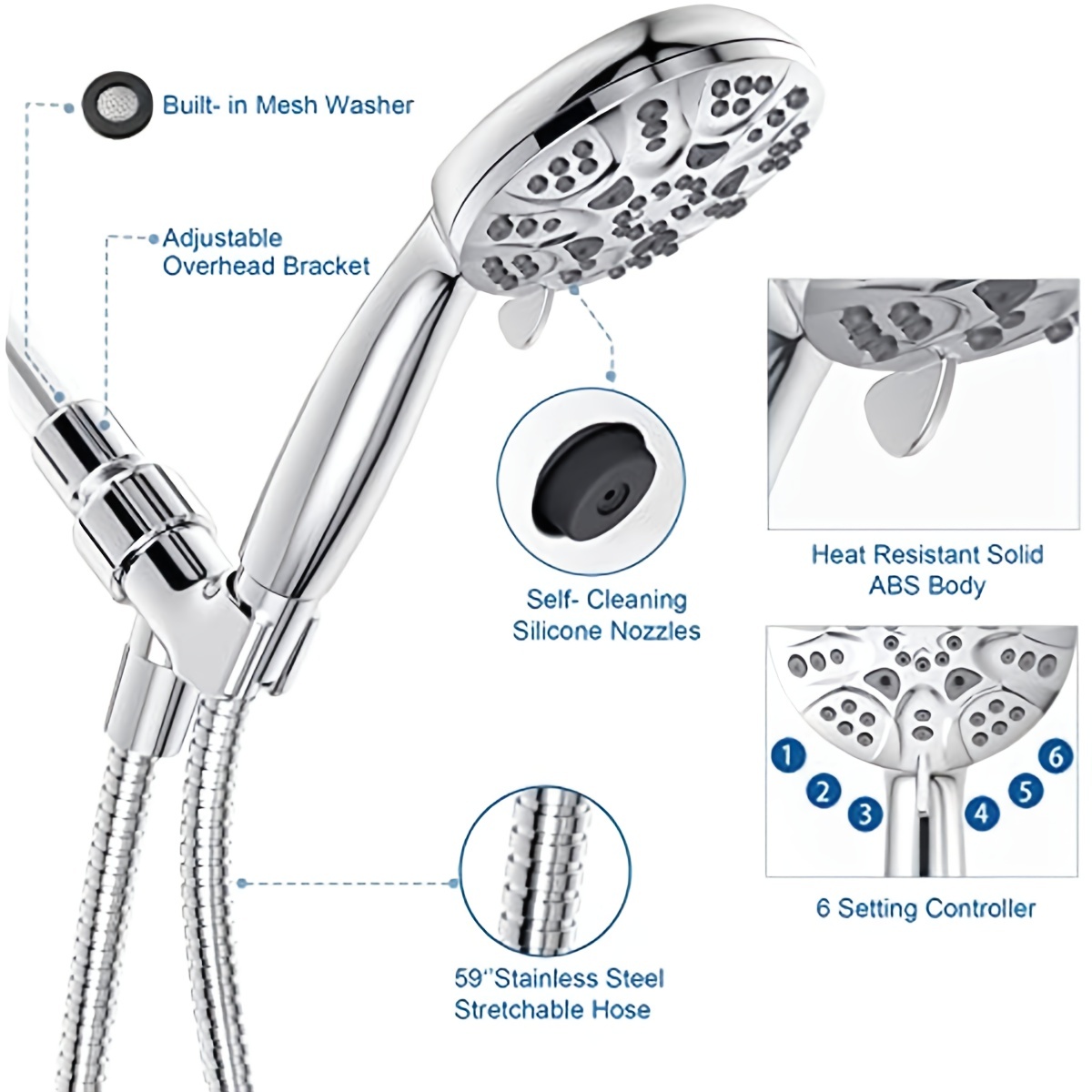 Handheld Shower Head Adjustable 4/6 Spray Settings Stainless Temu