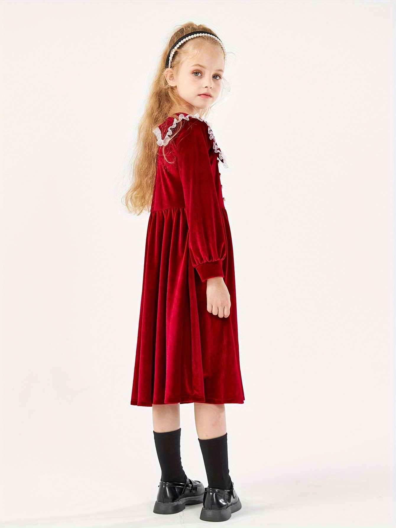 Kid Girl Stand Collar Zipper Colorblock Velvet Long-sleeve Dress