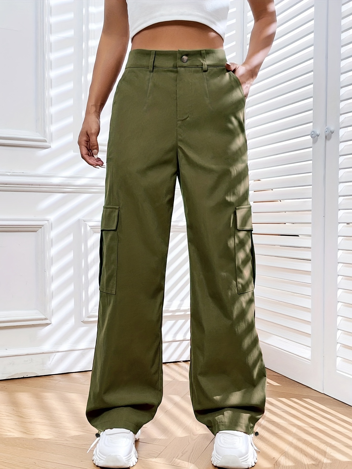 Solid Wide Leg Cargo Pants, Casual Flap Pocket Elastic Waist Baggy Pants,  Women's Clothing