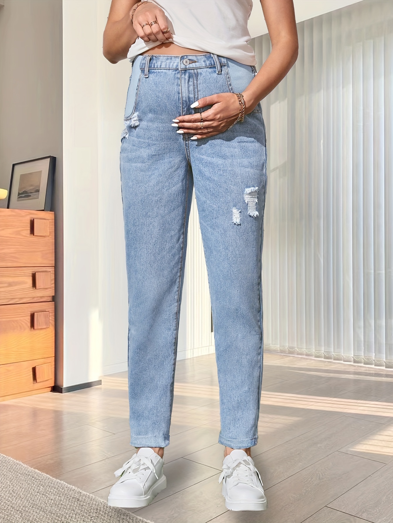 Mujeres Maternidad Jeans Sólidos Moda Pantalones Vaqueros - Temu Mexico