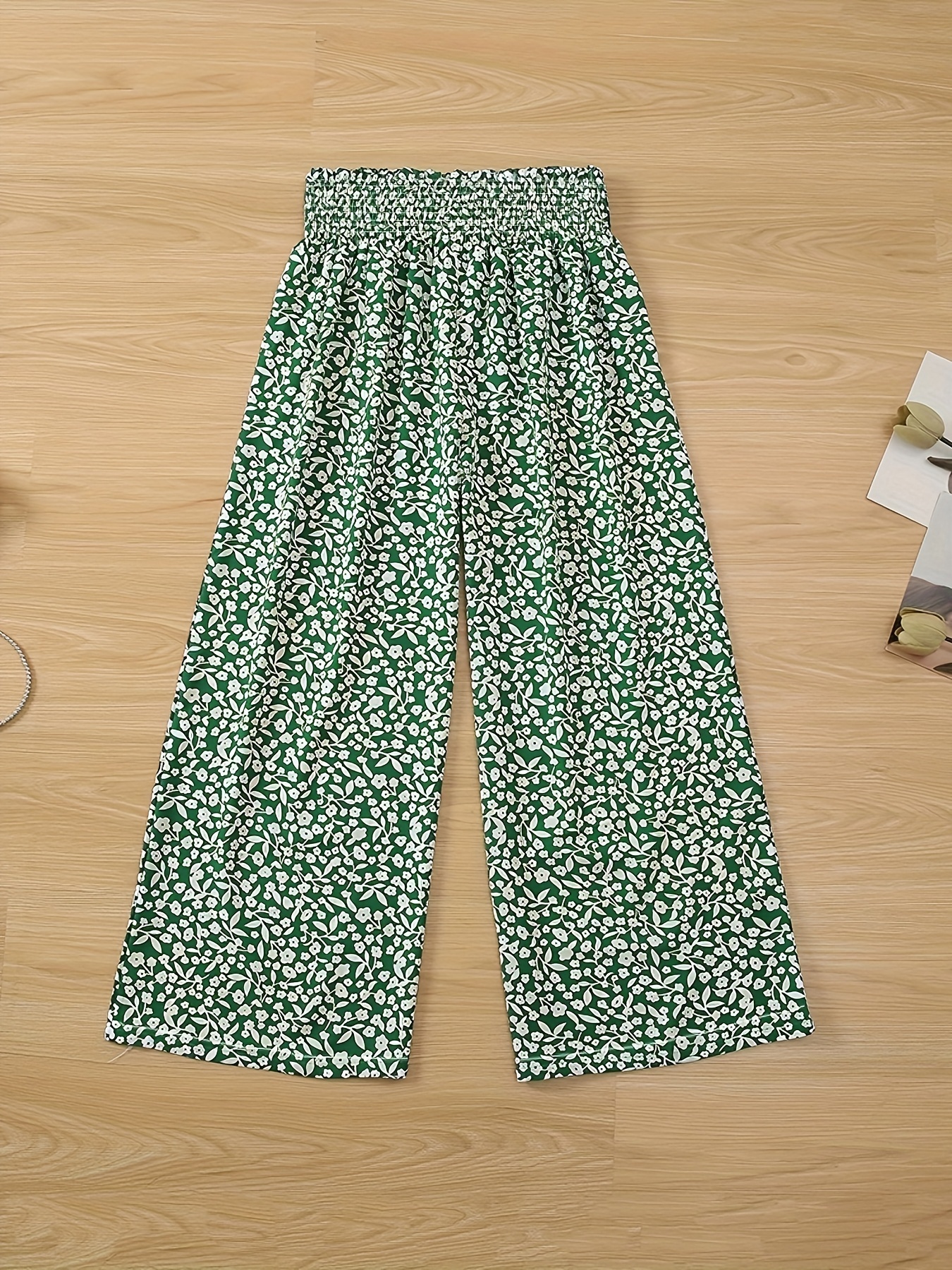 Ditsy Print Smocked Waist Wide Leg Pants for Women