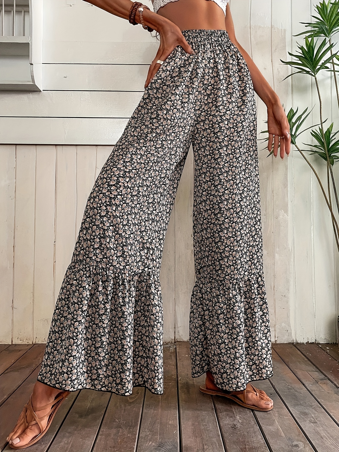 Pantalones Hippie Cintura Alta Estampado Floral Pantalones - Temu