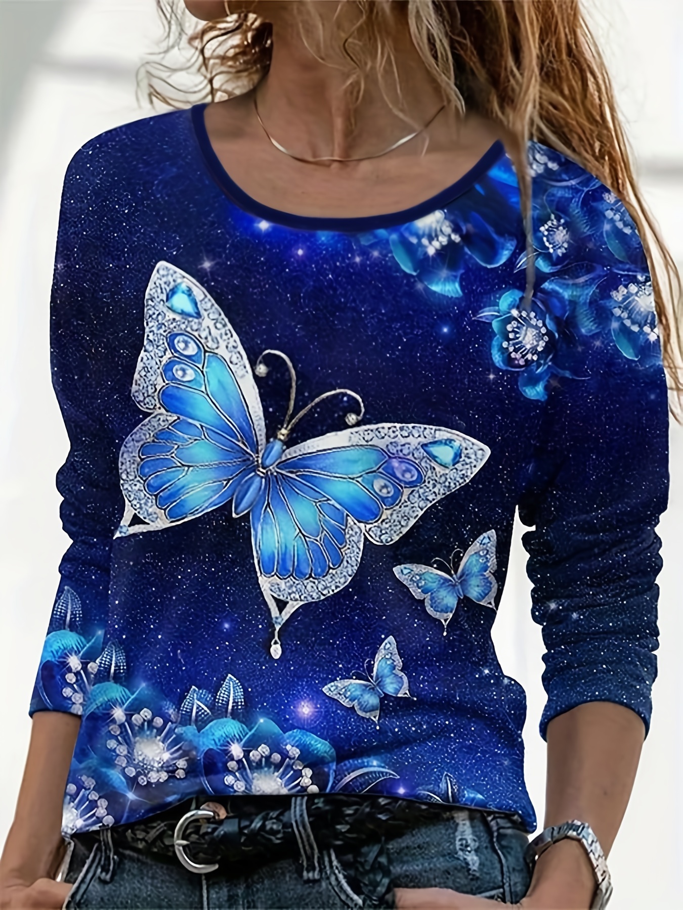 butterfly flower print t shirt casual long sleeve top for spring fall womens clothing blue 0