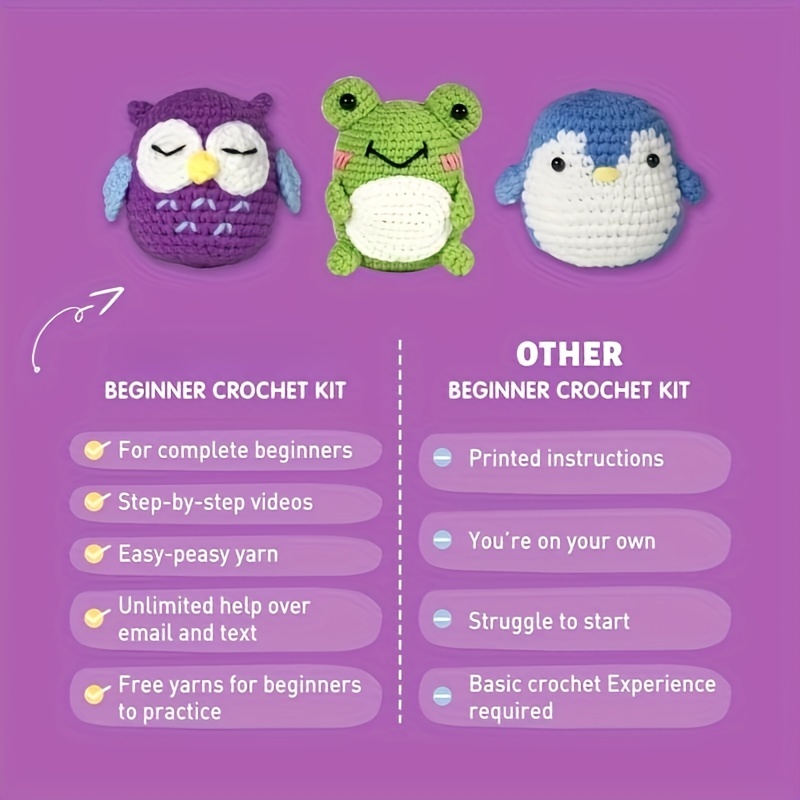 Crochet Set For Beginners 3 Patterns Animals Owl Penguin - Temu
