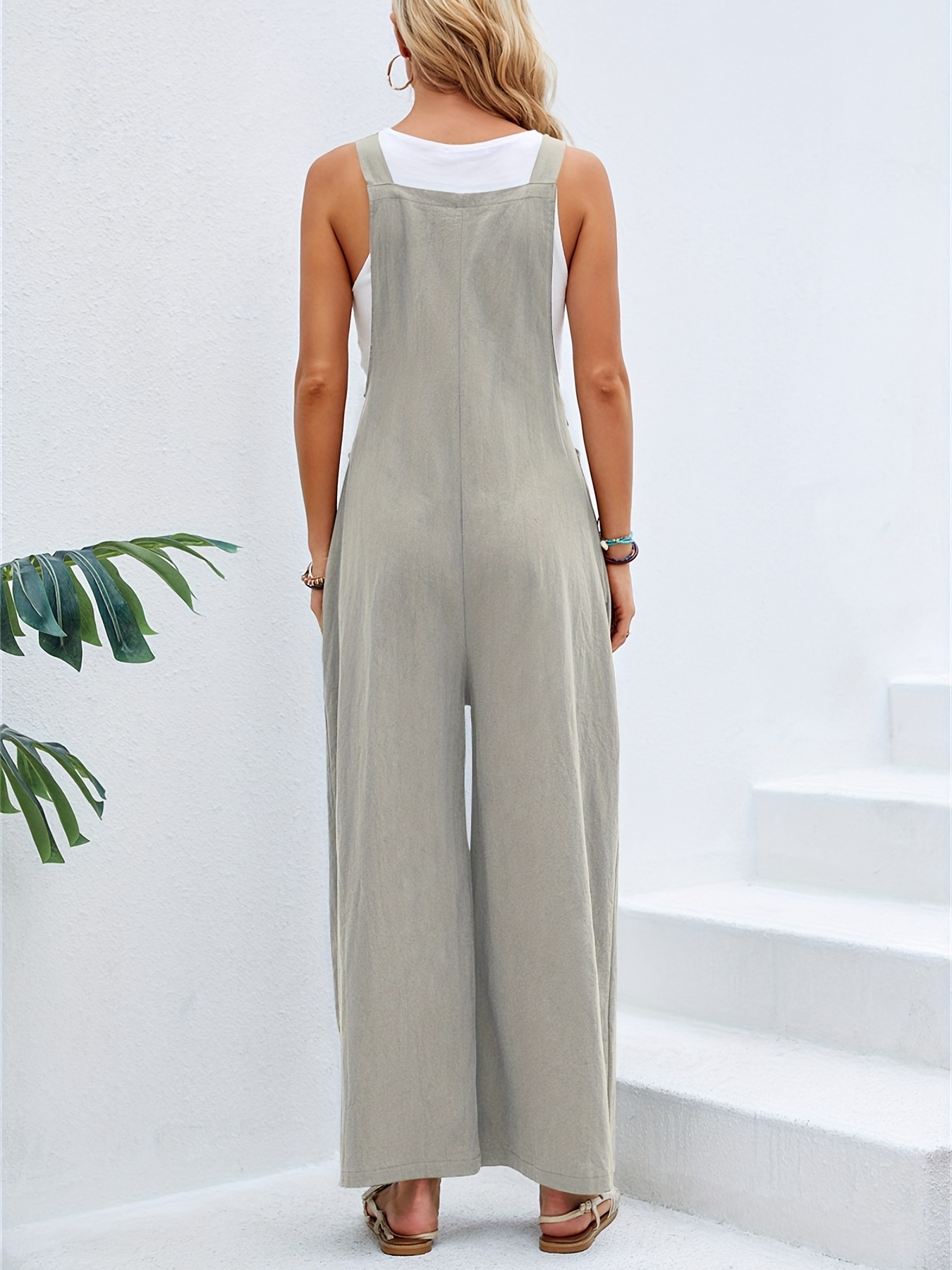 QIPOPIQ Clearance Women's Jumpsuits Sleeveless Summer Linen Cotton Solid  Pocket Side Button Wide Leg Jumpsuit 