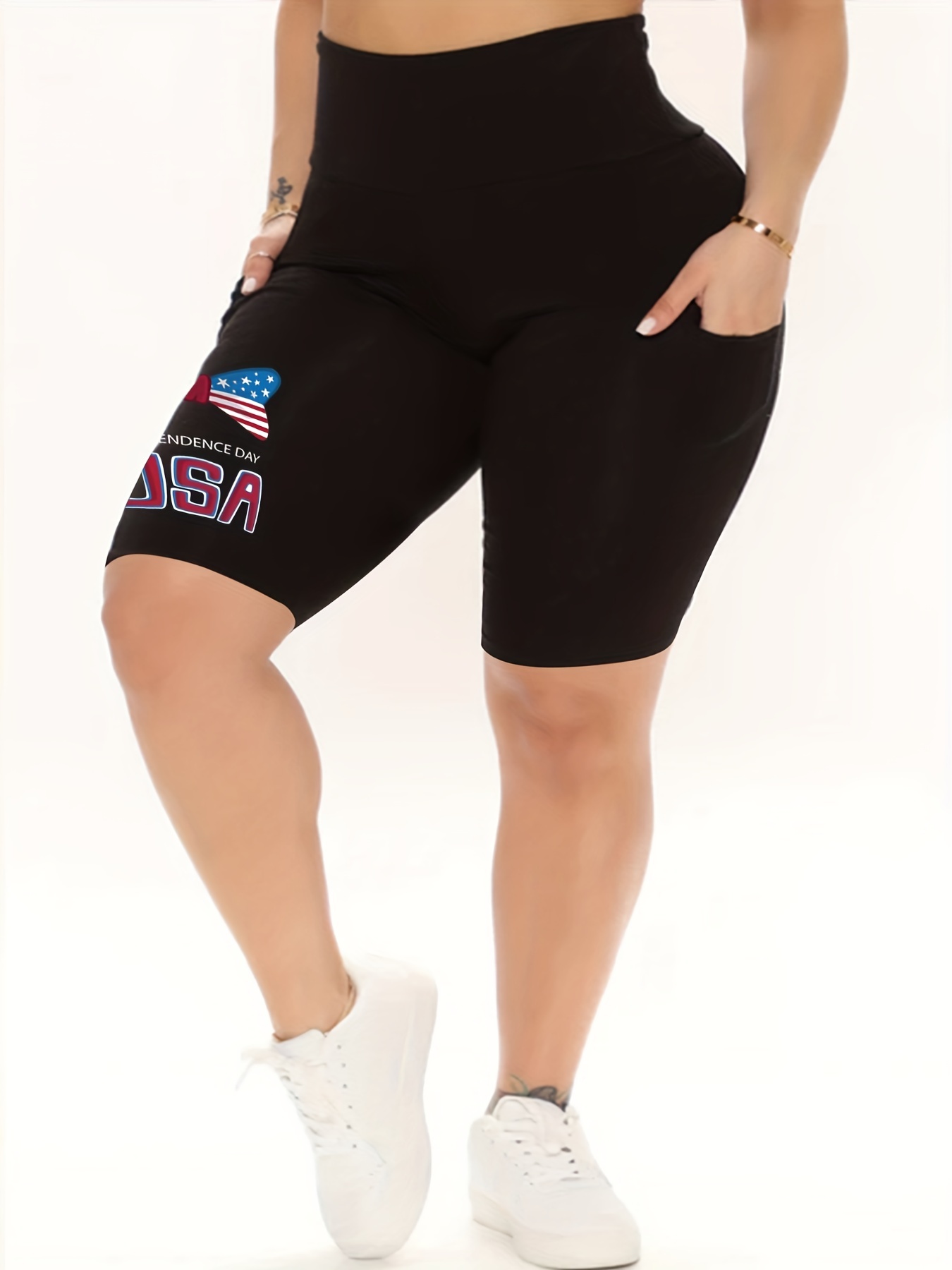 Women's Plus Size Flag Pattern Bow & Letter Print High Rise Slim Fit Biker Shorts