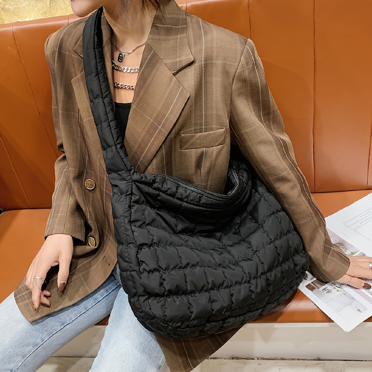 Fashion Sling Bag Zipper Cotton Padded Shoulder Bag Quilted Female