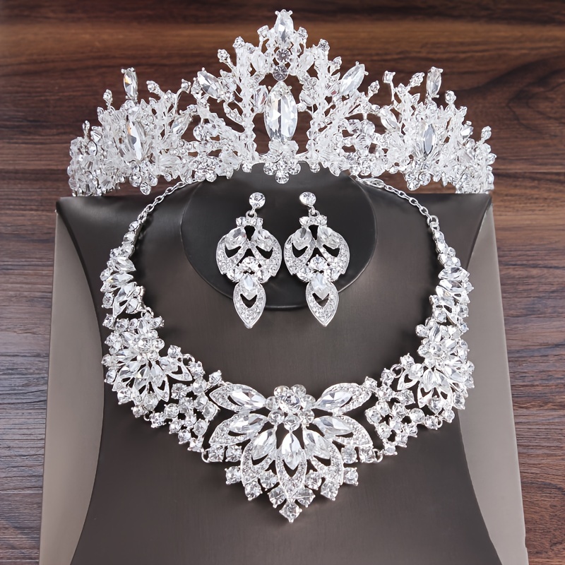 

Handmade Rhinestone Crown Necklace Earrings Bridal Wedding Dress Jewelry Accessories Princess Queen Crown