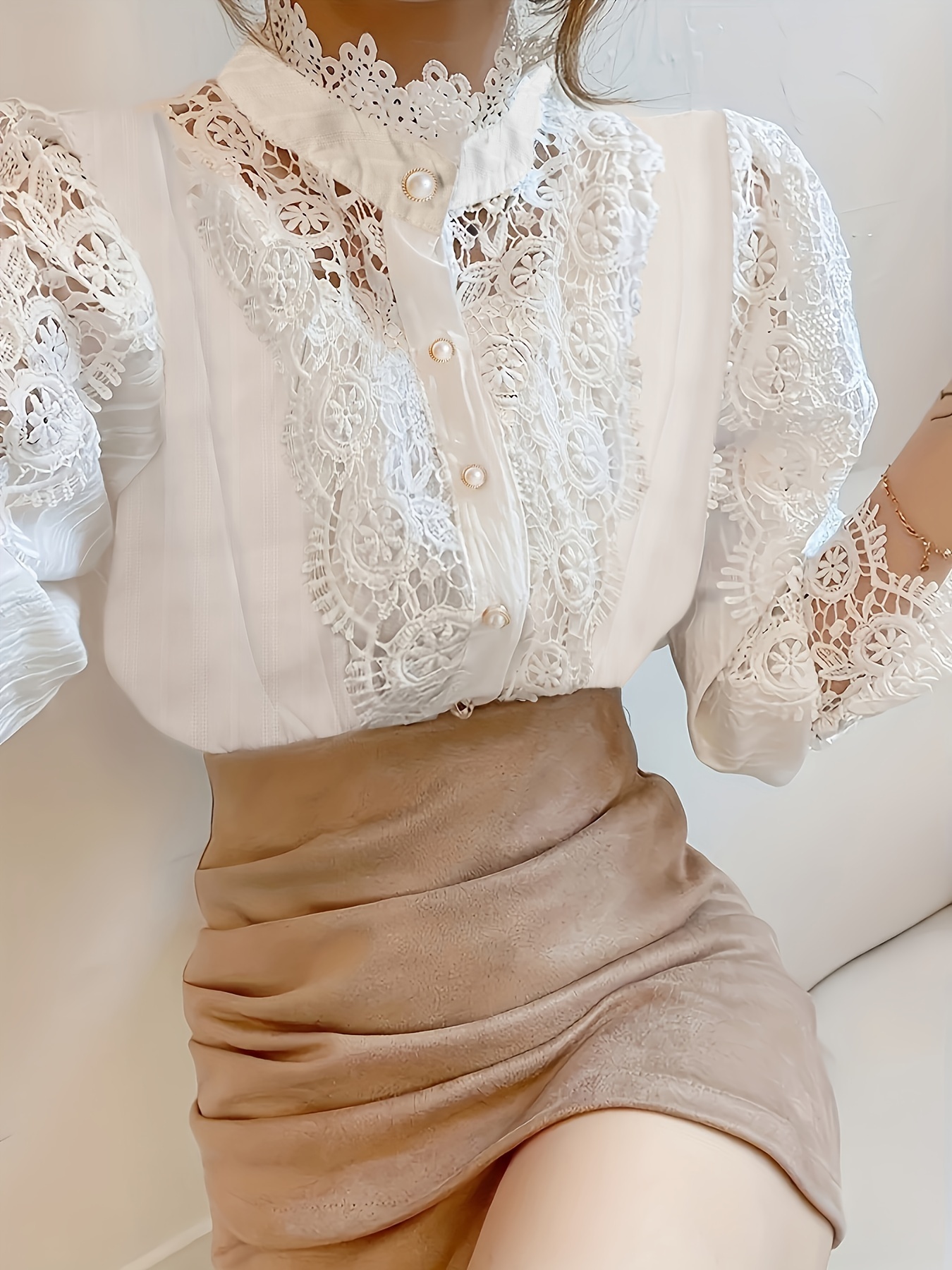 Contrast Guipure Lace Tie Neck Tassel Blouse