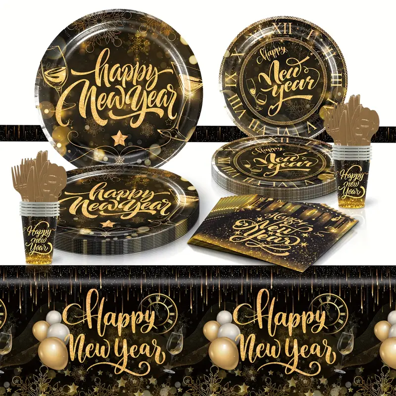 Black Golden New Year Tableware Set Party Decoration Props - Temu