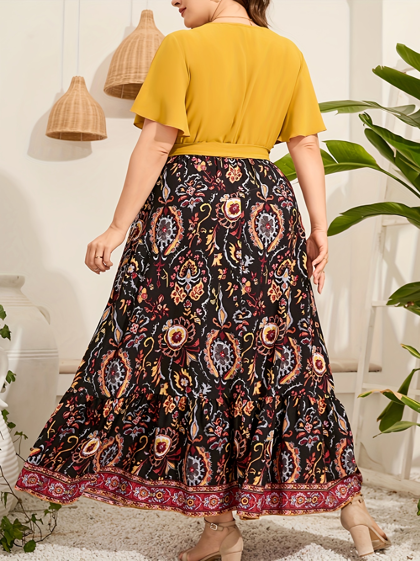 Colorblock Floral Print Knot Front Maxi Dress