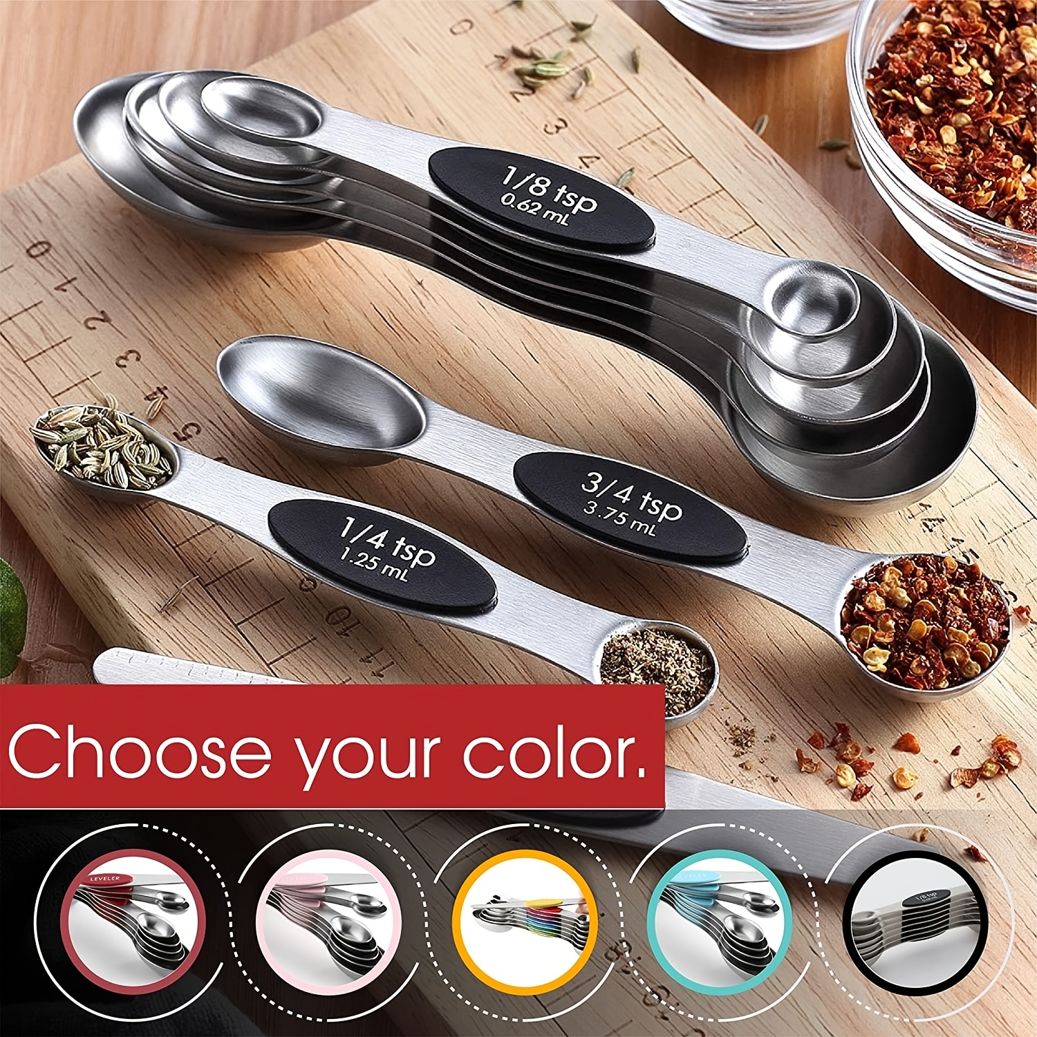 Spring Chef Magnetic Measuring Spoons Set, Dual Sided, Stainless Steel, Fits in Spice Jars, Black, Set of 8, Silver