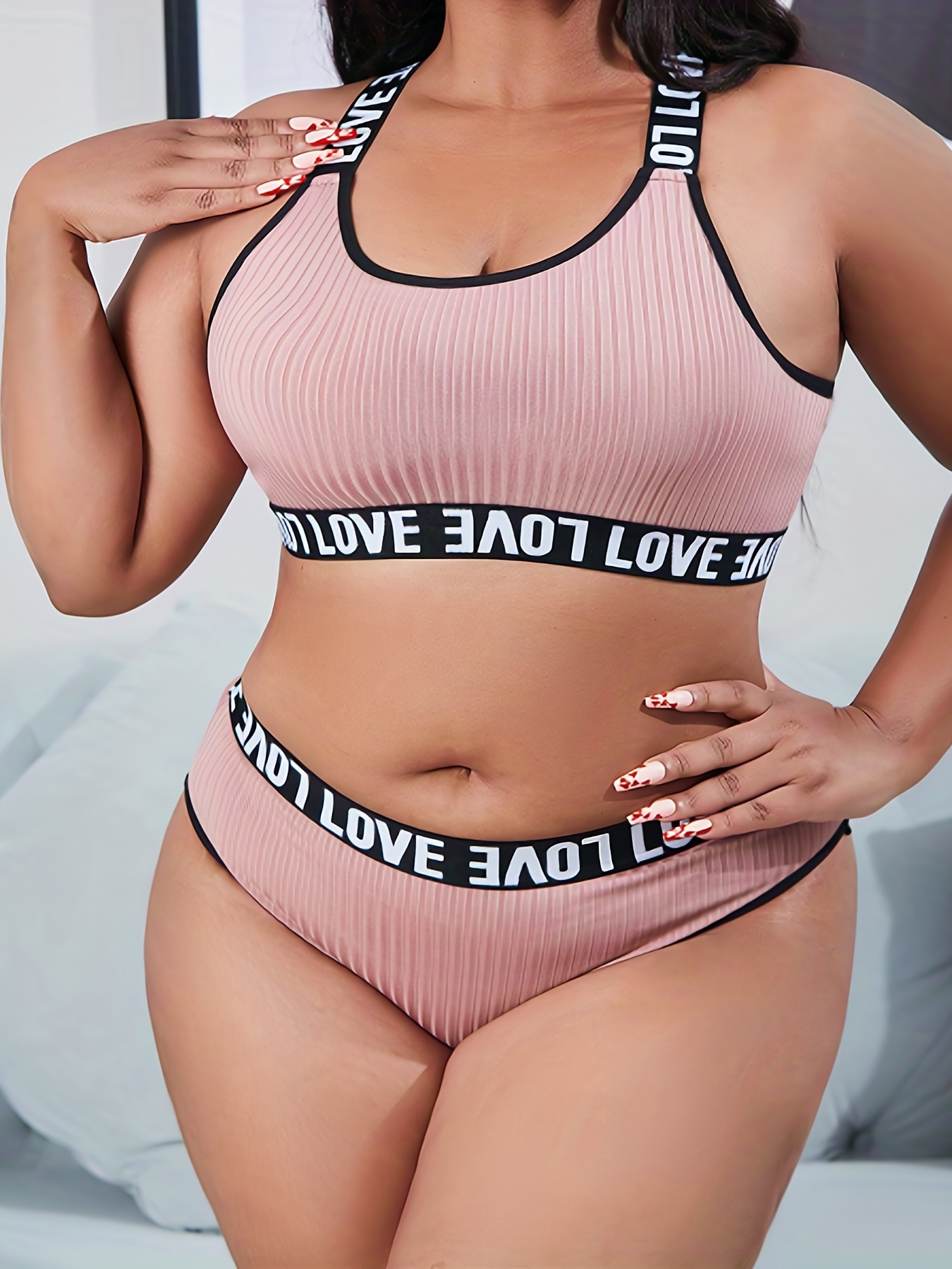 Plus Size Sports Lingerie Set Women's Plus Ribbed Knit - Temu