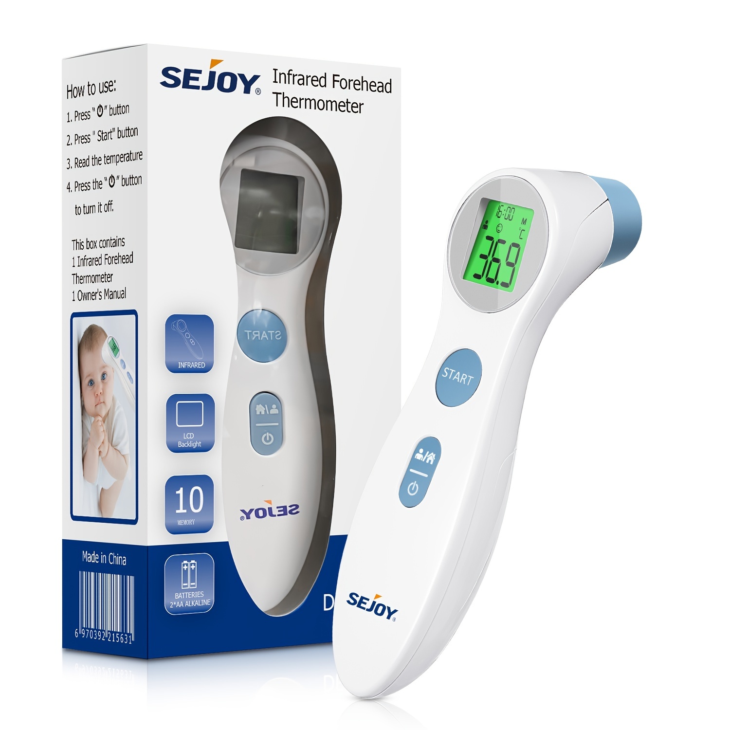 Non contact Infrared Forehead Thermometer with Fever Alarm, LCD Display & Memory Function