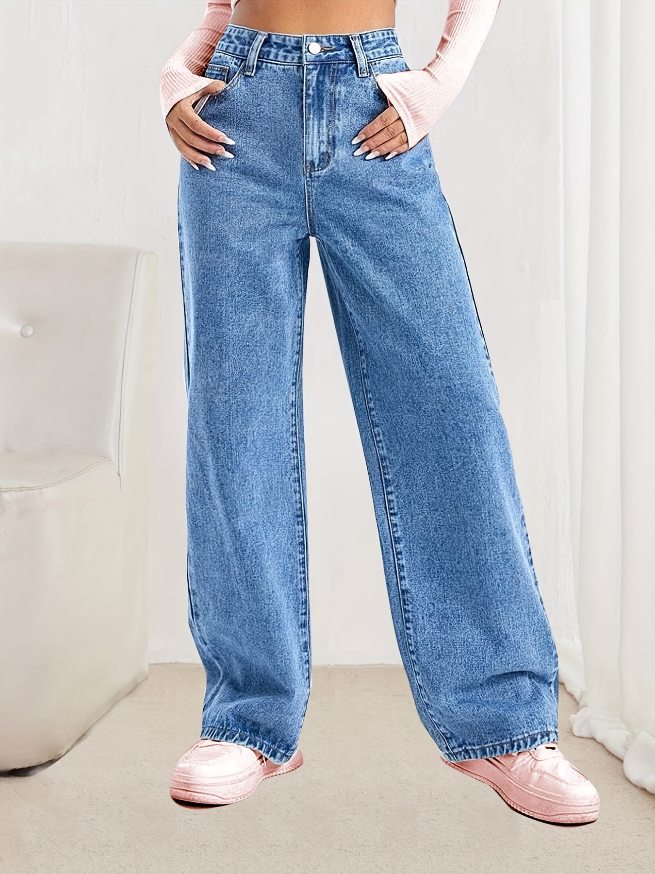 Jeans Rectos Holgados * Pantalones De Mezclilla Holgados Con Bolsillos  Cortados Sin Estiramiento, Jeans Y Ropa De Mezclilla Para Mujeres