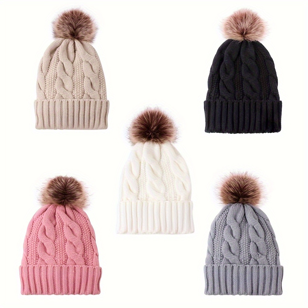 

Classic Ribbed Knitted Beanie With Pom Solid Color Elastic Knit Hats Trendy Skull Cap Warm Cuffed Beanies For Women Daily Use Autumn & Winter
