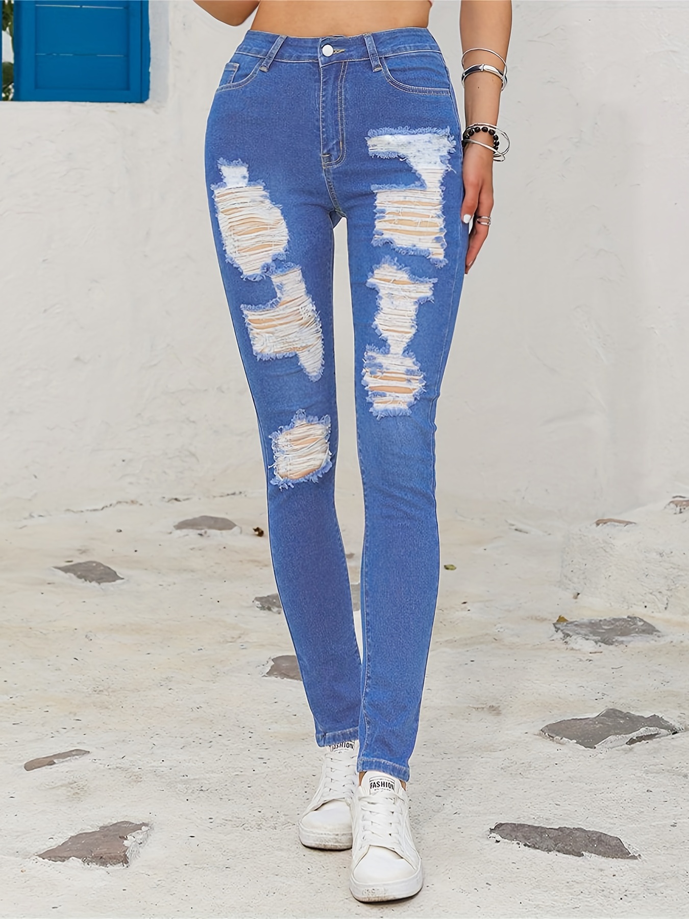 Calças de ganga skinny de cintura alta rasgadas azuis jeans - Temu Portugal