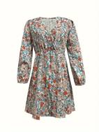 floral print v neck dress vintage long sleeve dress for spring fall womens clothing