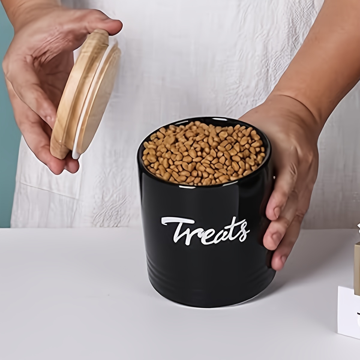 Dog Treat Storage Jar Ceramic Wooden Lid Airtight Dog Food Temu