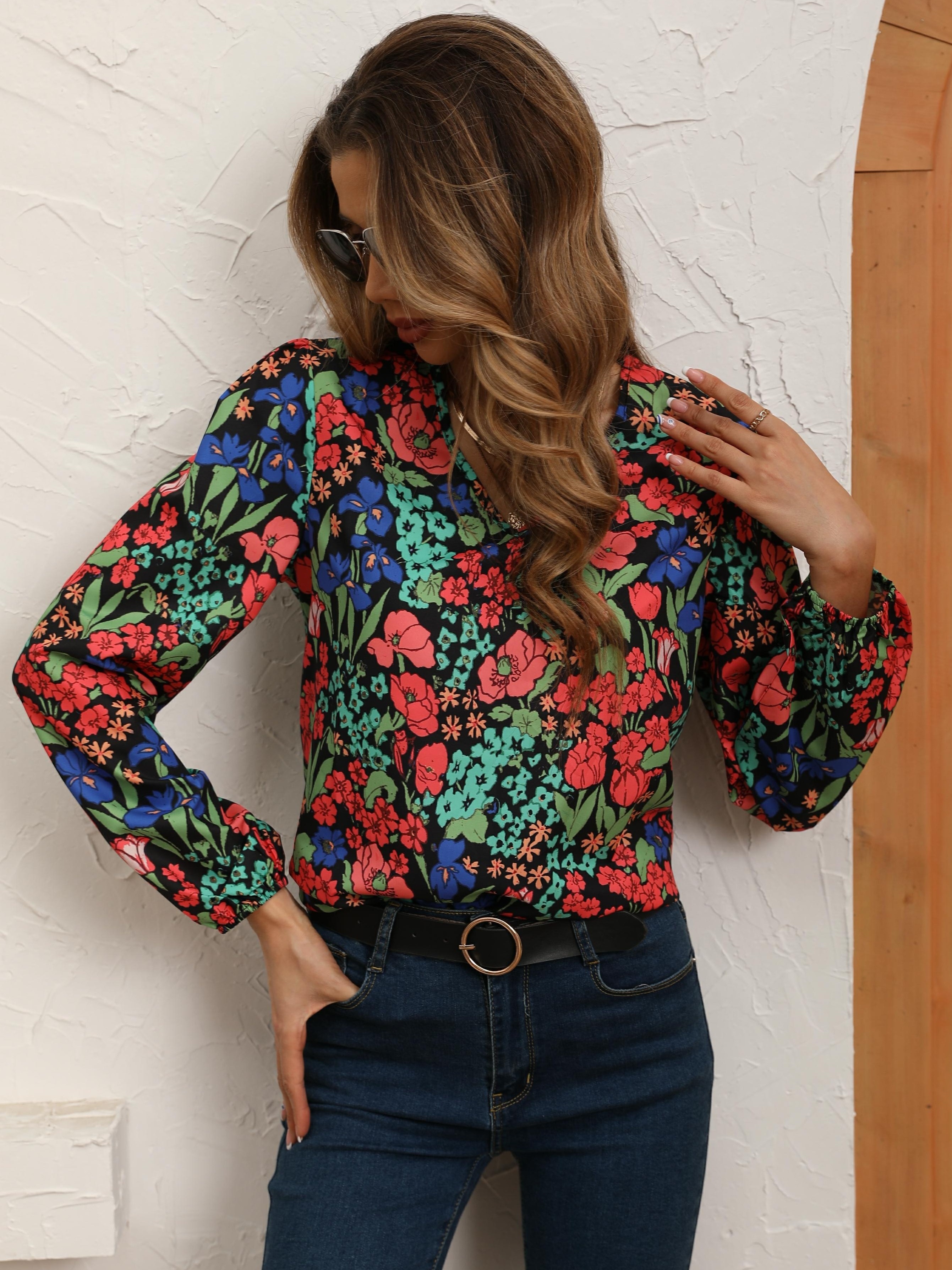 Blusa Con Stampa Floreale A Collo A V Elegante Blusa A - Temu Italy