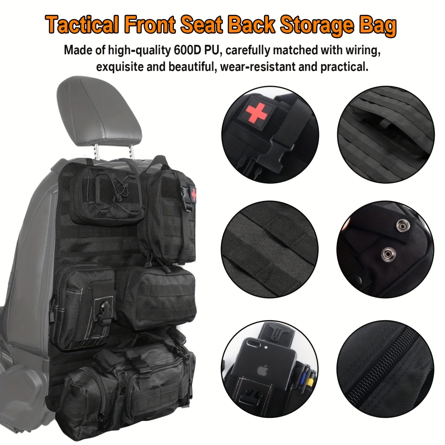 Universal Tactical Vehicle Seat Back Organizer with 5 Detachable