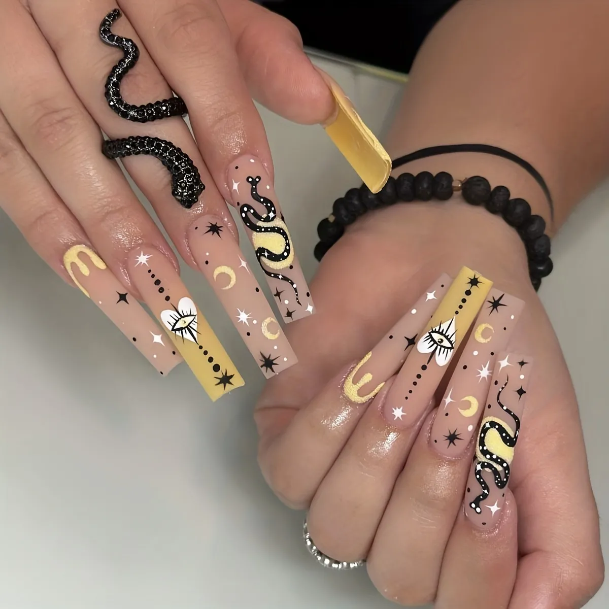 Extra Long Coffin Press On Nails With Snake Moon And Star Designs,matte Fake  Nails,yellow False Nails For Women And Girls, - Temu