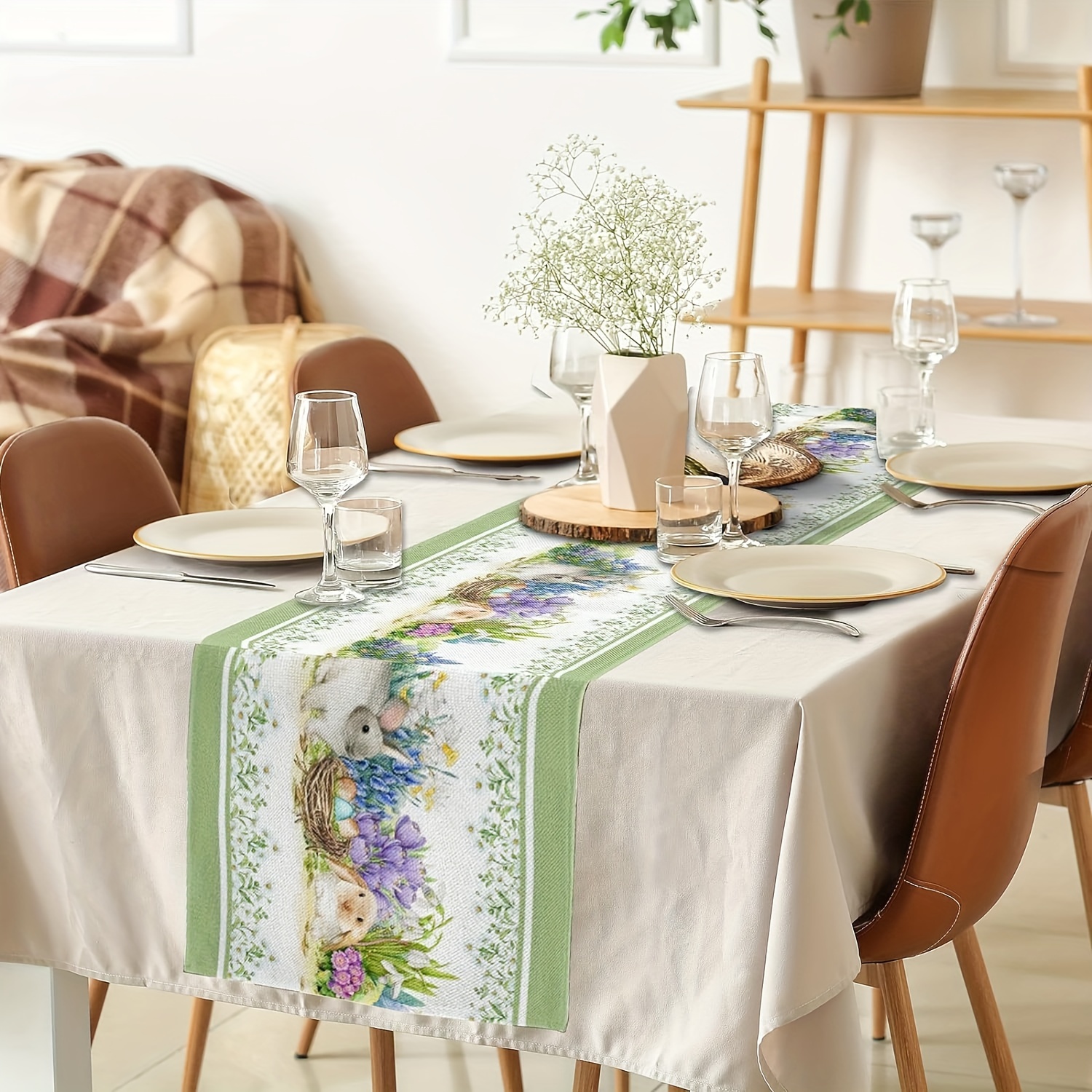 TEMU Runner da primaverile a fiori, Runner da in iuta con motivo , uccello, uovo, foglia e , decorazione per tavolo da cucina stile per feste ,