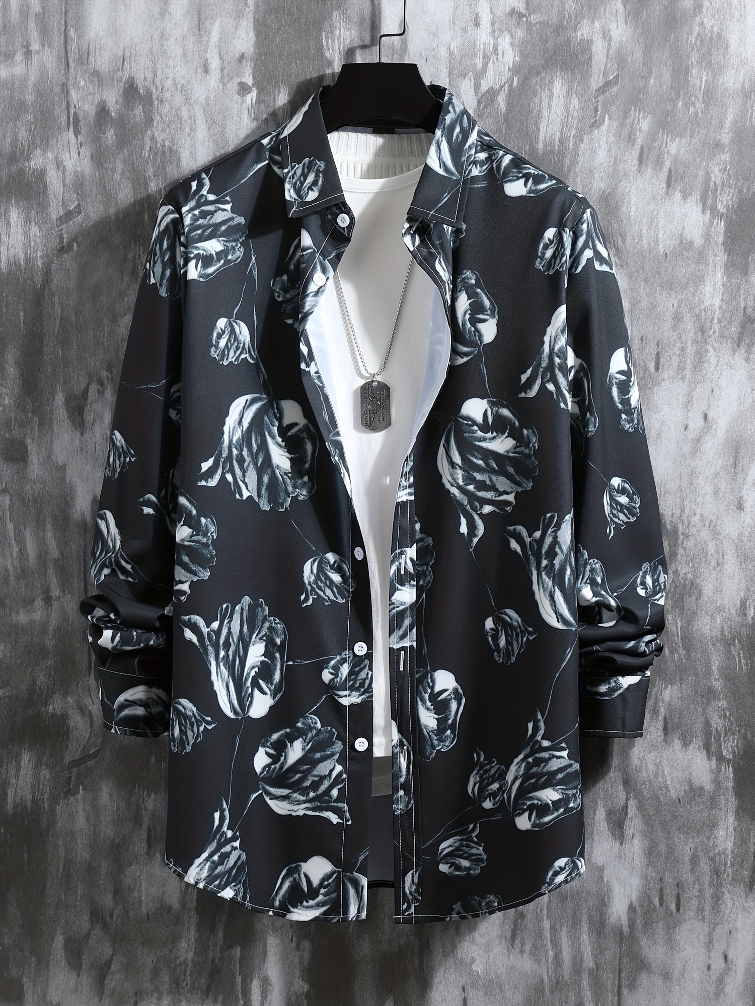 Black Rose Pattern, Men's Turndown Collar Trendy Comfy Long Sleeve Shirt  For Autumn, Mens Clothing