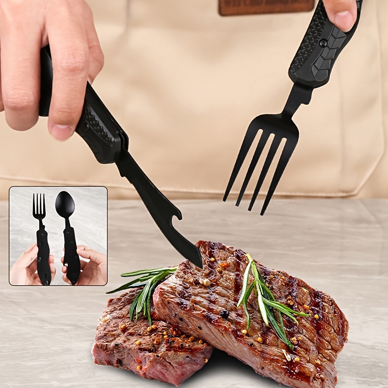 Utensilios plegables para acampar, juego de cubiertos 4 en 1 de acero  inoxidable, cuchara, tenedor, cuchillo, abridor de botellas, vajilla