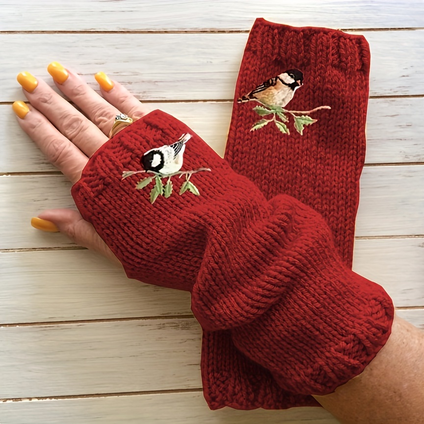 Cute Bird Embroidered Knit Gloves Stylish Warm Fingerless Gloves Autumn Winter Coldproof Elastic Writing Gloves,Temu