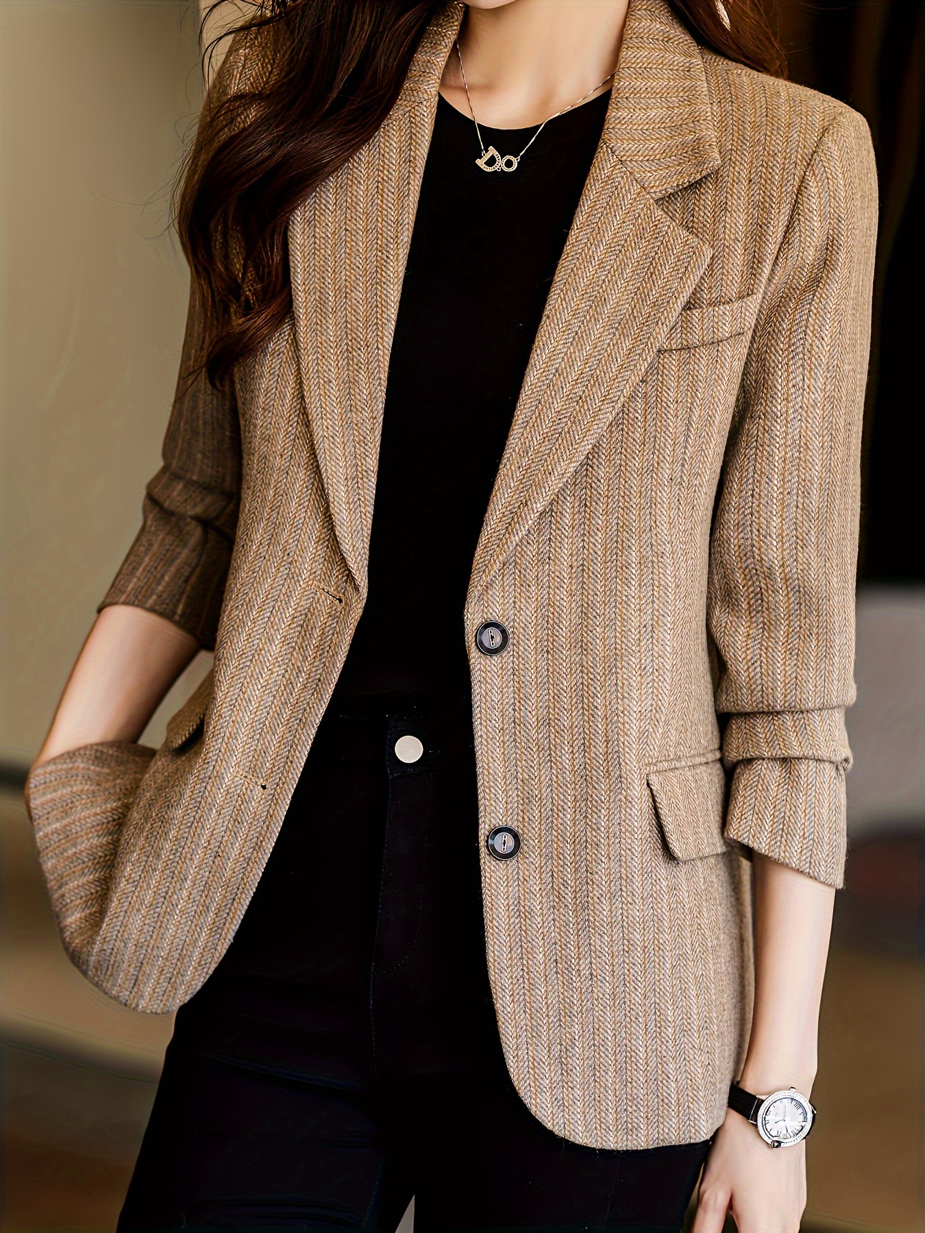 Women coat Women Wool Double Breasted Coat Elegant Long Sleeve Work Office  Fashion Jacket