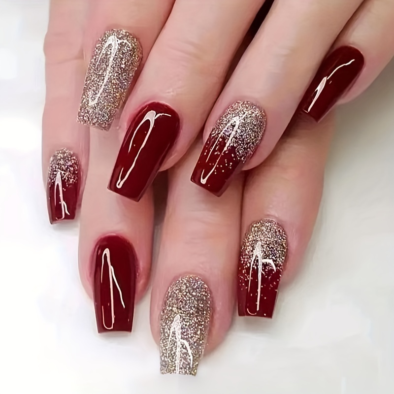Glossy Long Square Fake Nails Red Glitter French Tip - Temu