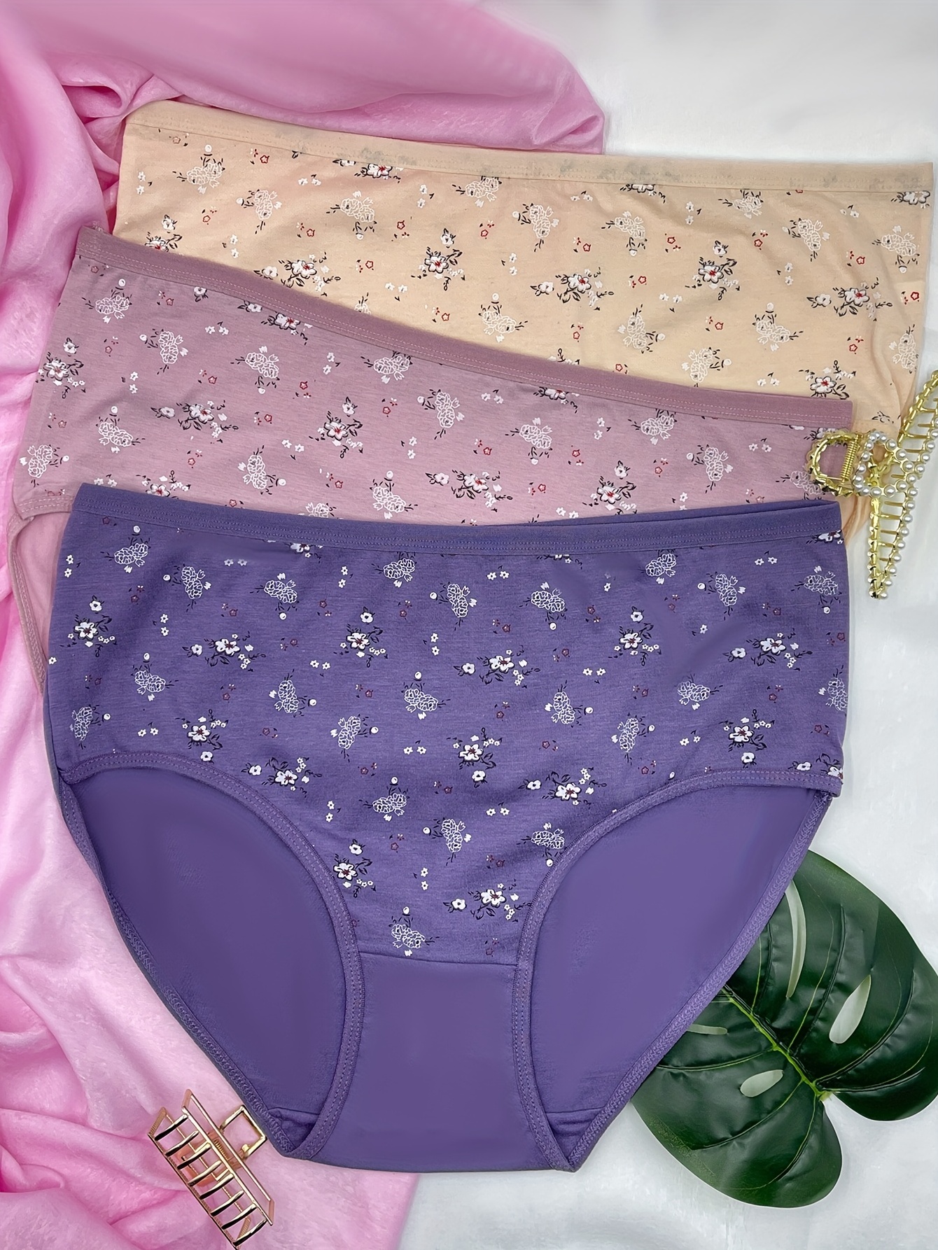 3 Pcs Floral Print Briefs, Mother's Day Gift, Cute & Comfy Medium Stretch  Intimates Panties, Women's Underwear & Lingerie