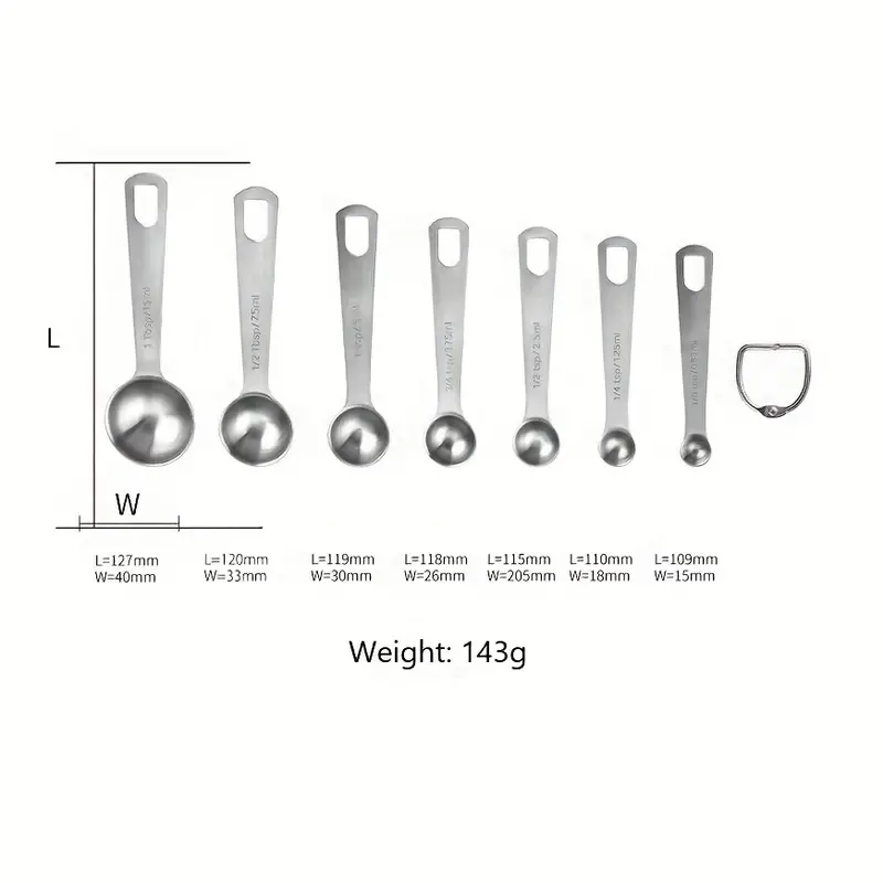 7pcs Measuring Spoons 18/8 Stainless Steel Measuring Spoons 1/8 Tsp, 1/4  Tsp, 1/2 Tsp, 3/4 Tsp, 1 Tsp, 1/2 Tbsp & 1 Tbsp Dry And Liquid Ingredients
