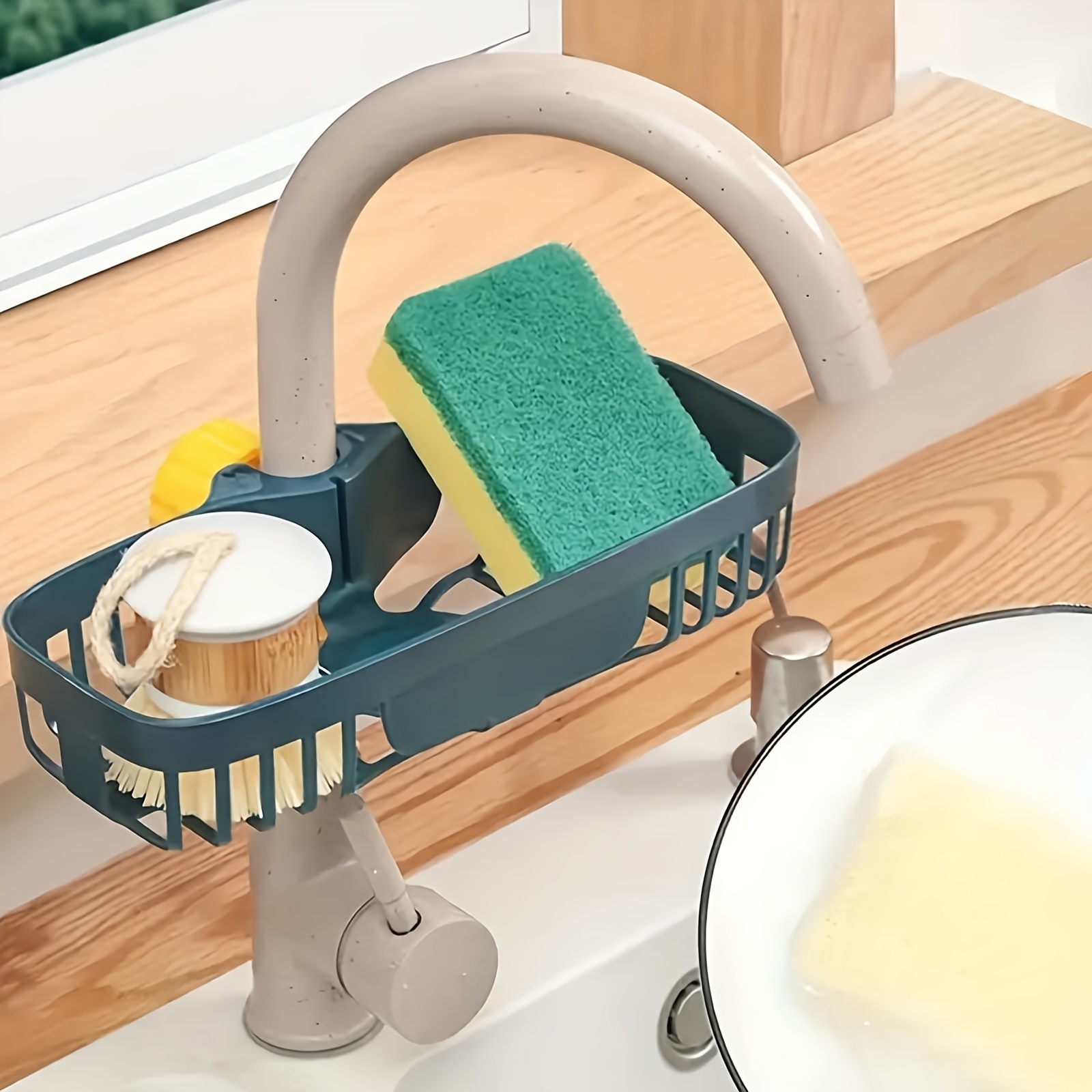 Soporte de esponja para fregadero de cocina, organizador mejorado con  estante de secado de toallas de cocina y ganchos para colgar sobre el  grifo