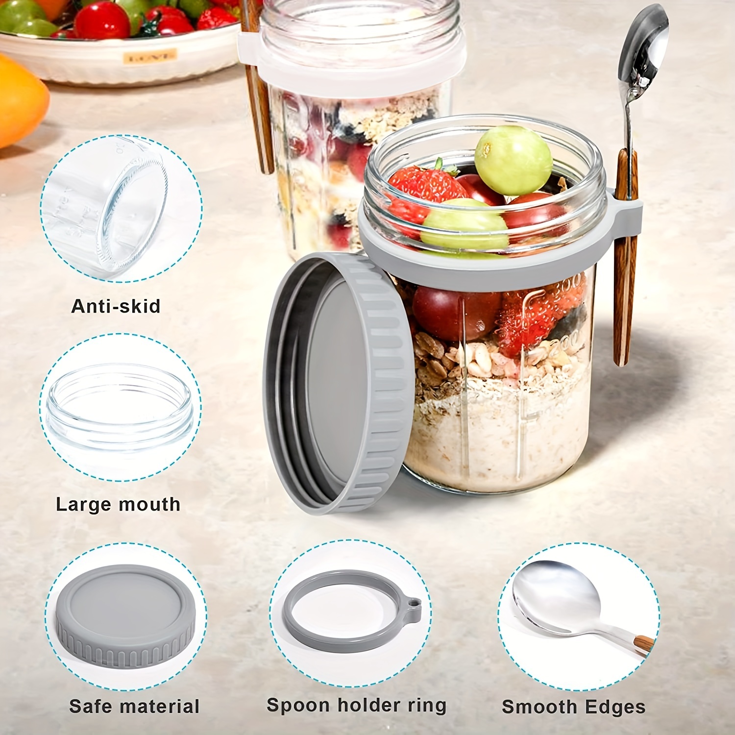 4 Pack Overnight Oats Containers with Lids and Spoons 16 Oz Glass