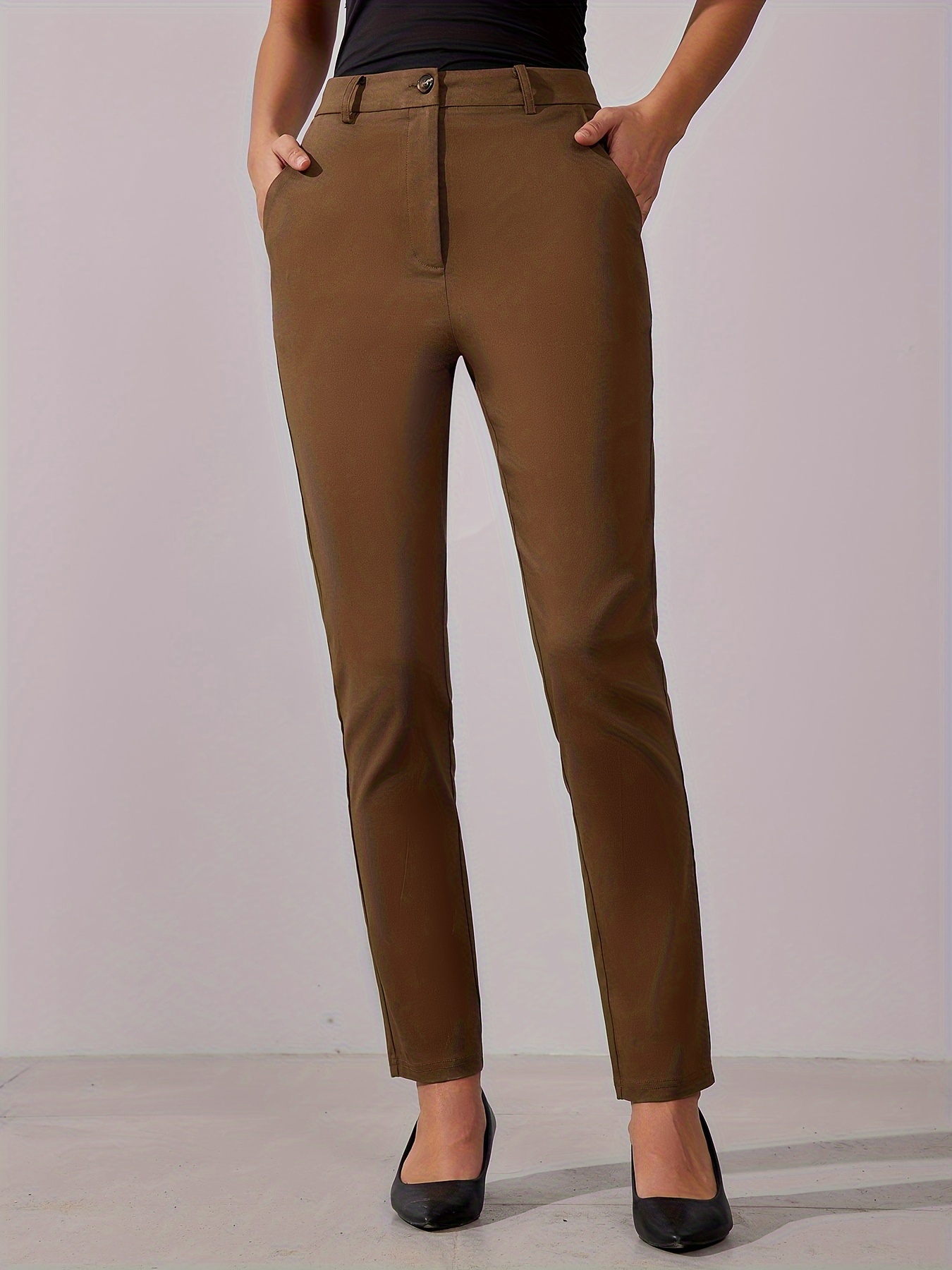 Women Brown Solid Formal Regular Fit Trousers