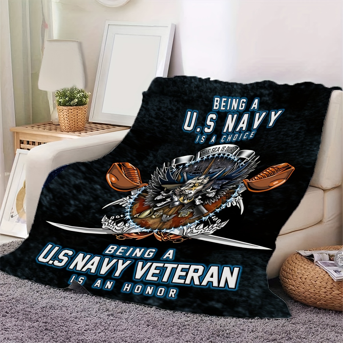 Us Navy Badge Print Blanket Flannel Blanket Soft Warm Throw Temu