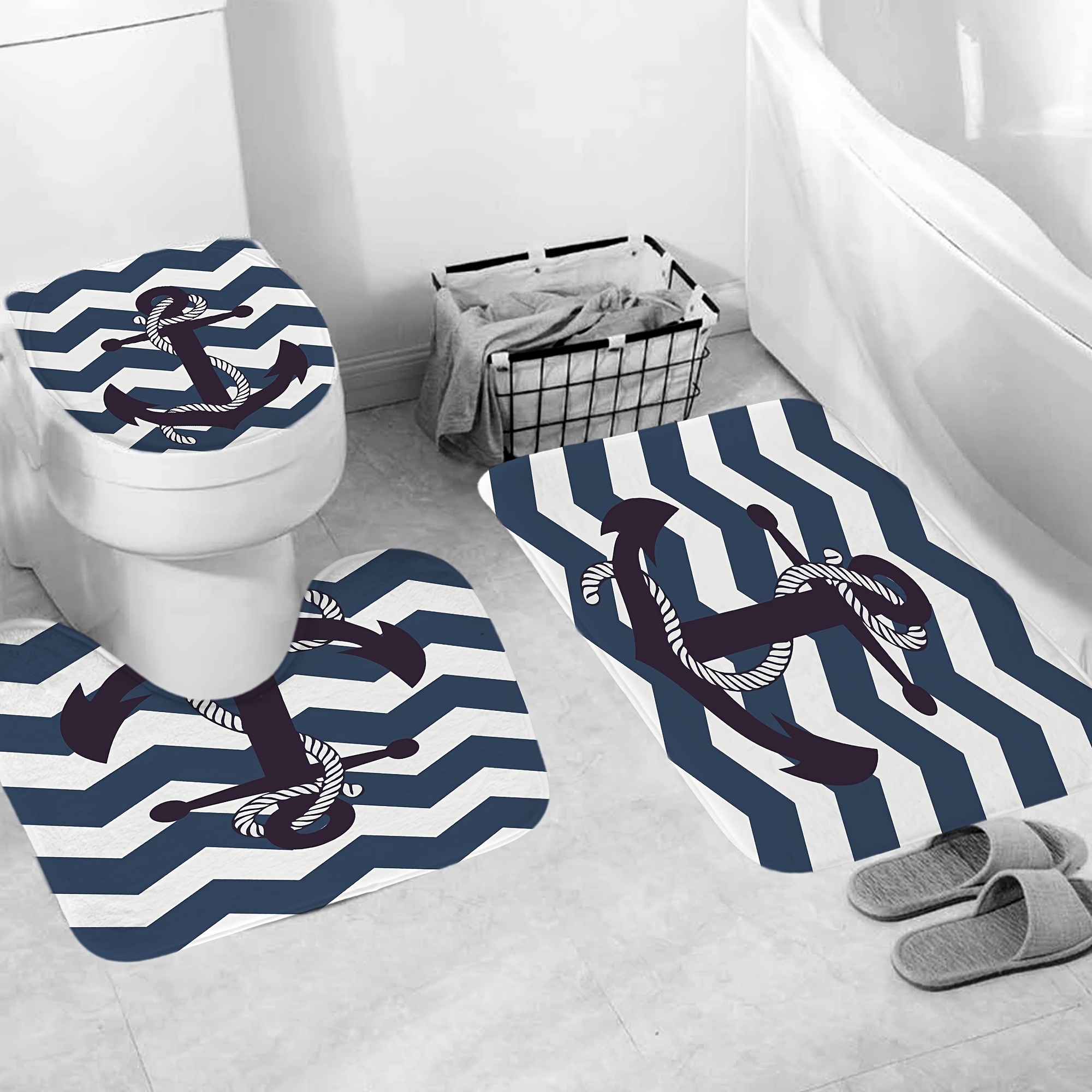 Nautical Theme Navy Blue White Striped Anchor Shower Curtain Set Bathroom  Decor