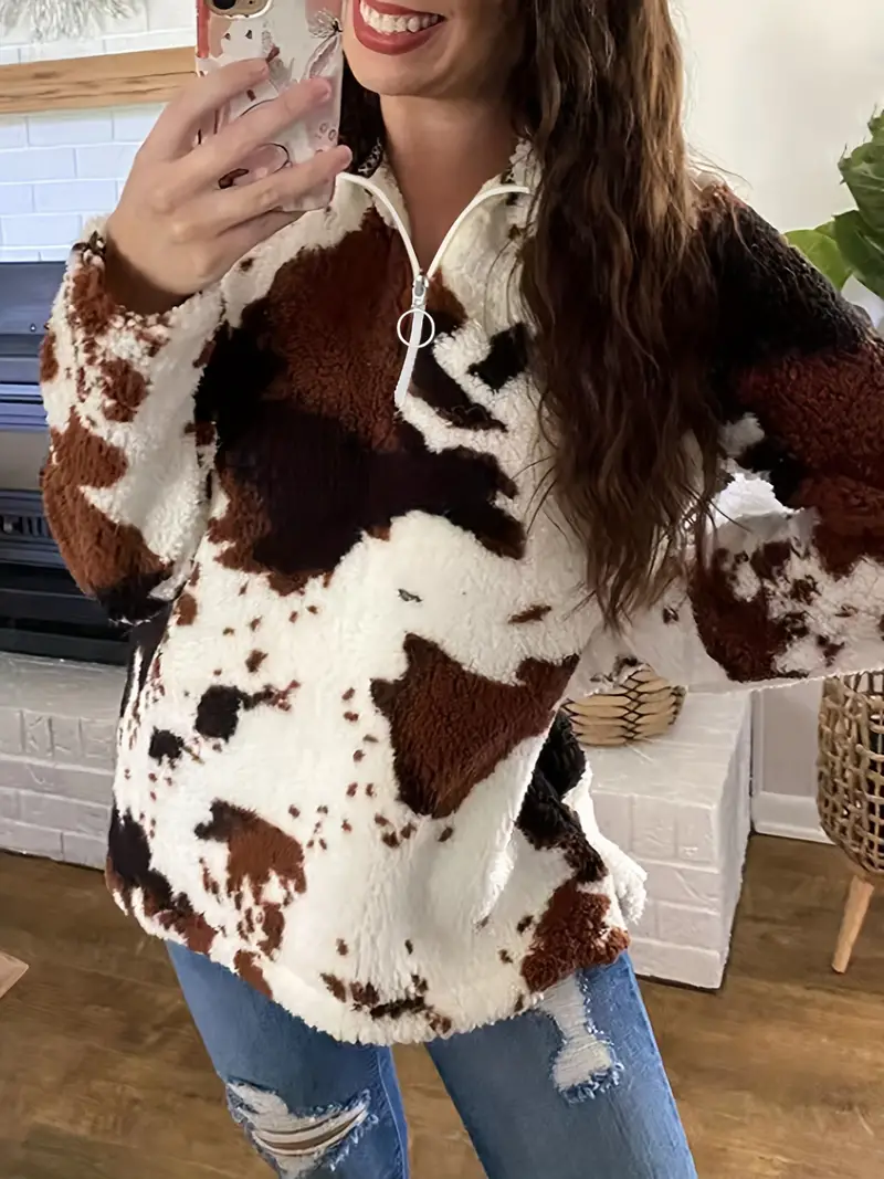 Cow Print Quarter Zip Fuzzy Sweatshirt Casual Long Sleeve - Temu